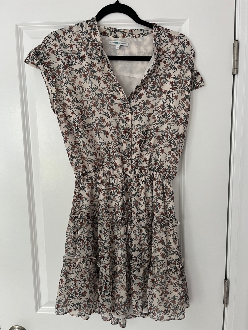 Rebecca Taylor Cream Floral Tie-Waist Ruffle Mini Dress short sleeve button S